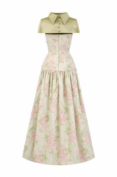 Light Pink Clustered Floral Brocade And Light Brown Silk Taffeta A-Line Dress With Mini Cape - IHF STUDIO