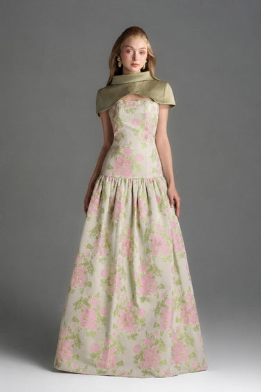 Light Pink Clustered Floral Brocade And Light Brown Silk Taffeta A-Line Dress With Mini Cape - IHF STUDIO