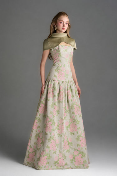 Light Pink Clustered Floral Brocade And Light Brown Silk Taffeta A-Line Dress With Mini Cape - IHF STUDIO