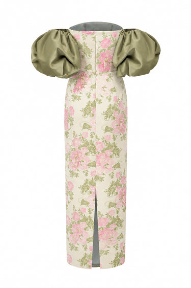 Light Pink Clustered Floral Brocade And Light Brown Silk Taffeta Midi Column Dress With Puff Sleeves - IHF STUDIO