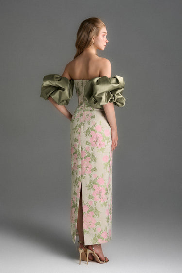 Light Pink Clustered Floral Brocade And Light Brown Silk Taffeta Midi Column Dress With Puff Sleeves - IHF STUDIO