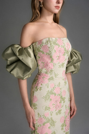 Light Pink Clustered Floral Brocade And Light Brown Silk Taffeta Midi Column Dress With Puff Sleeves - IHF STUDIO