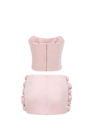 Light pink crystal-embellished corset top with handmade rolled-rose mini skirt.