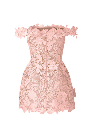 Light Pink Floral Garden Lace Bustier Mini Column Dress With Off-Shoulder Details - IHF STUDIO