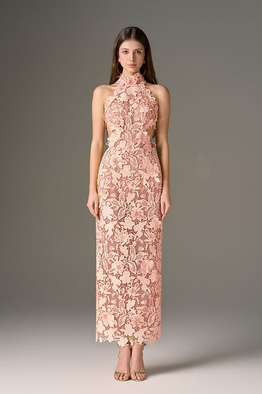 Light Pink Floral Garden Lace Dress with Waist Cut-Out Details - IHF STUDIO