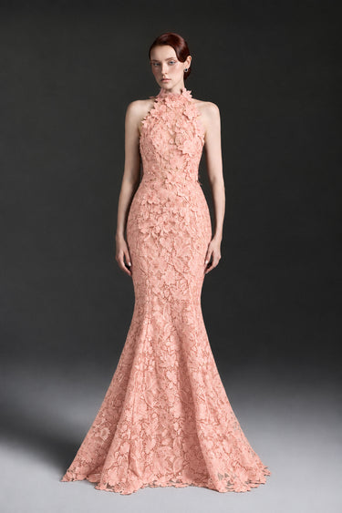 Light pink Floral Garden Lace halter mermaid pear-silhouette maxi dress - IHF STUDIO
