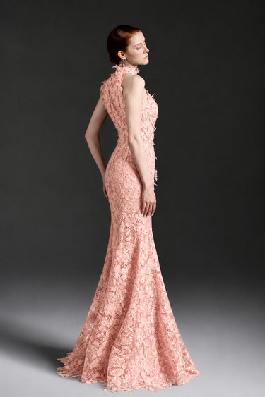 Light pink Floral Garden Lace halter mermaid pear-silhouette maxi dress - IHF STUDIO