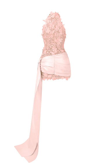 Light Pink Floral Garden Lace Halter Mini-Column Dress With Asymmetric Draped Detail - IHF STUDIO
