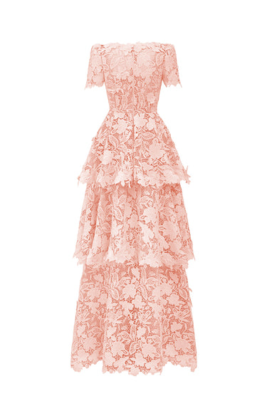 Light Pink Floral Garden Lace Maxi A-line Dress With 3-tiered U-Neck - IHF STUDIO