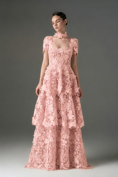 Light Pink Floral Garden Lace Maxi A-line Dress With 3-tiered U-Neck - IHF STUDIO