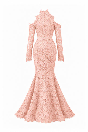 Light pink Floral Garden Lace mermaid dress with halter neck and long sleeves - IHF STUDIO