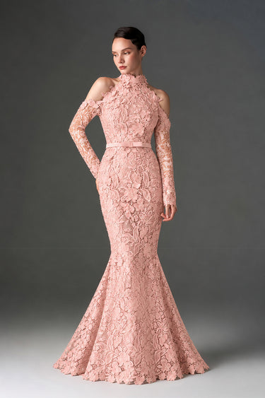 Light pink Floral Garden Lace mermaid dress with halter neck and long sleeves - IHF STUDIO