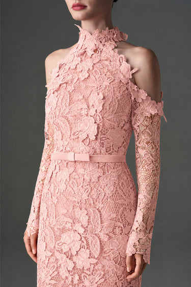 Light pink Floral Garden Lace mermaid dress with halter neck and long sleeves - IHF STUDIO