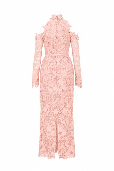 Light pink Floral Garden Lace midi dress with halter neck and long sleeves - IHF STUDIO