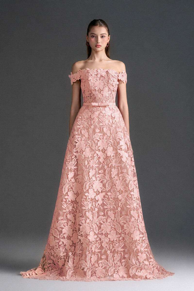 Light Pink Floral Garden Lace & Silk A-Line Gown | IHF STUDIO