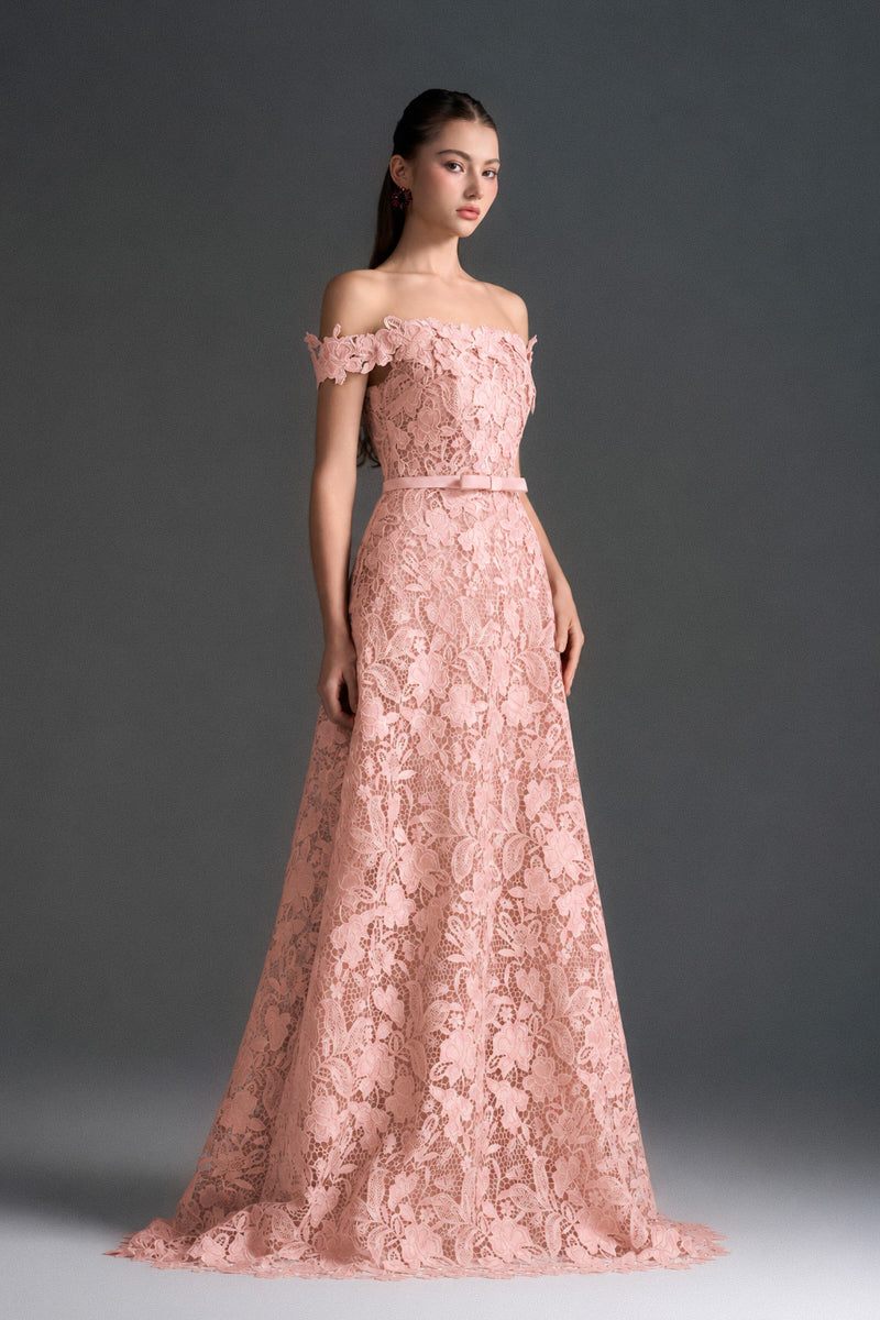 Light Pink Floral Garden Lace & Silk A-Line Gown | IHF STUDIO
