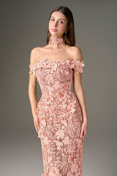 Light Pink Floral Garden Lace Off-Shoulder Dress - IHF STUDIO