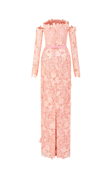 Light Pink Floral Garden Lace Off-Shoulder Dress with Long Sleeves - IHF STUDIO