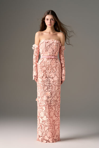 Light Pink Floral Garden Lace Off-Shoulder Dress with Long Sleeves - IHF STUDIO