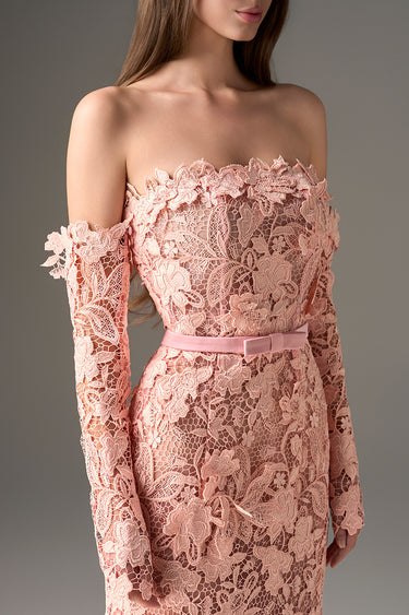 Light Pink Floral Garden Lace Off-Shoulder Dress with Long Sleeves - IHF STUDIO