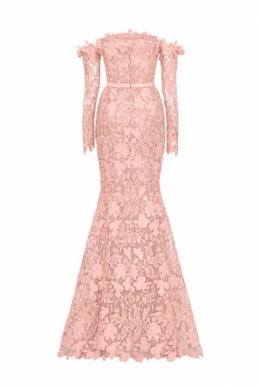 Light Pink Floral Garden Lace Off-Shoulder Mermaid Dress With Silk Waist Belt - IHF STUDIO