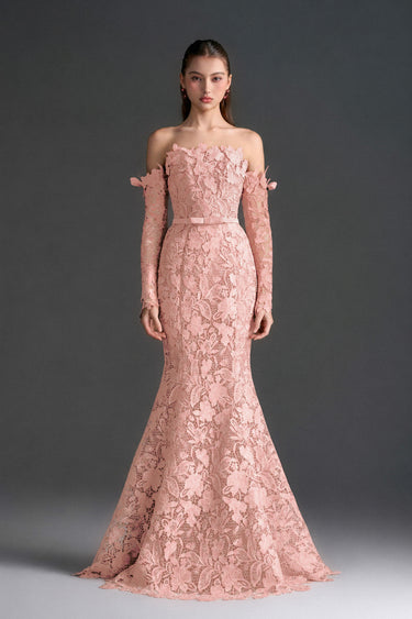 Light Pink Floral Garden Lace Off-Shoulder Mermaid Dress With Silk Waist Belt - IHF STUDIO
