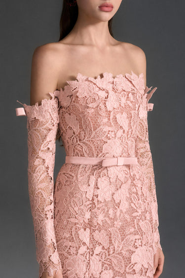 Light Pink Floral Garden Lace Off-Shoulder Mermaid Dress With Silk Waist Belt - IHF STUDIO