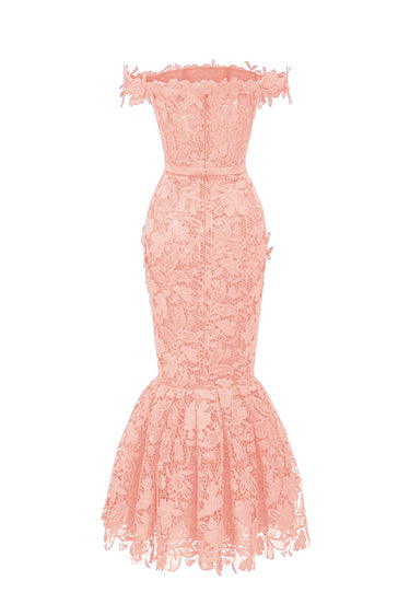 Light Pink Floral Garden Lace Off-Shoulder Midi-Mermaid Dress - IHF STUDIO