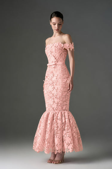 Light Pink Floral Garden Lace Off-Shoulder Midi-Mermaid Dress - IHF STUDIO