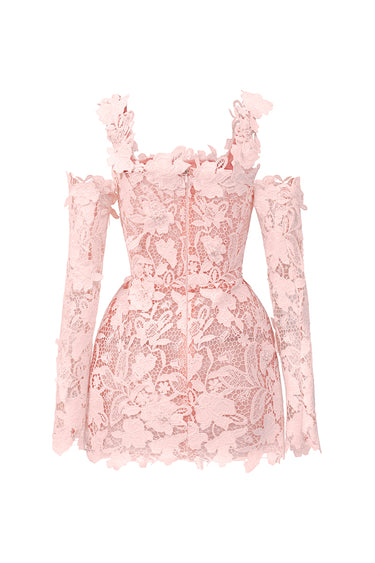 Light Pink Floral Garden Lace Off-Shoulder Mini Dress with Long Sleeves - IHF STUDIO