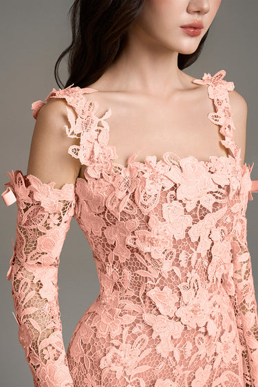 Light Pink Floral Garden Lace Off-Shoulder Mini Dress with Long Sleeves - IHF STUDIO