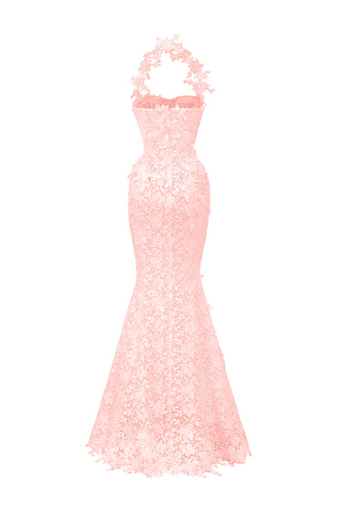 Light Pink Floral Vine Lace Mermaid Dress with Cupped and Cut-Out Waist - IHF STUDIO