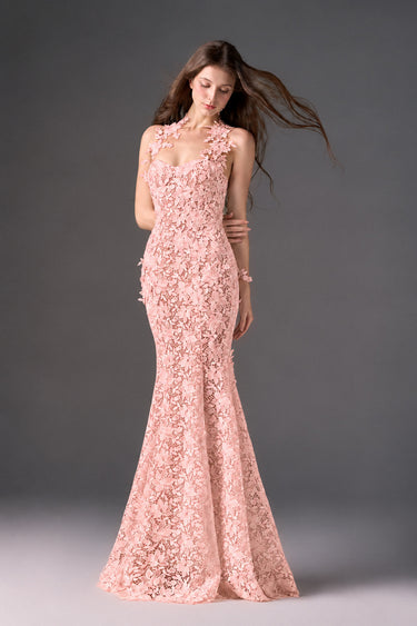 Light pink Floral Vine Lace mermaid maxi dress with cupped bodice - IHF STUDIO