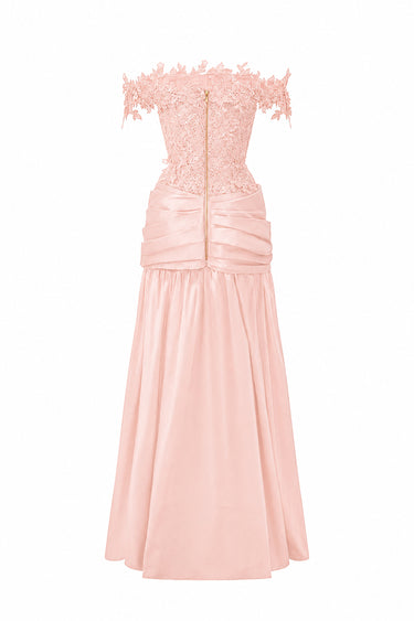 Light Pink Floral Vine Lace Off-Shoulder A-line Dress With Draped Details Taffeta - IHF STUDIO