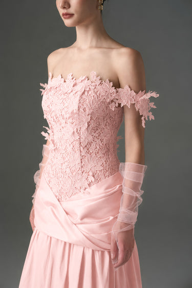 Light Pink Floral Vine Lace Off-Shoulder A-line Dress With Draped Details Taffeta - IHF STUDIO