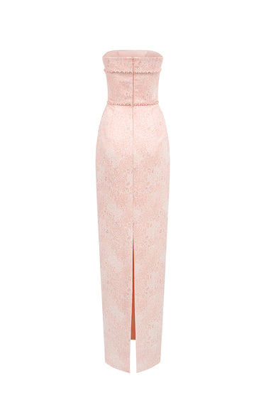 Light Pink Lacquered Brocade Column Dress with Pearl and Crystal Chain Embellishment - IHF STUDIO