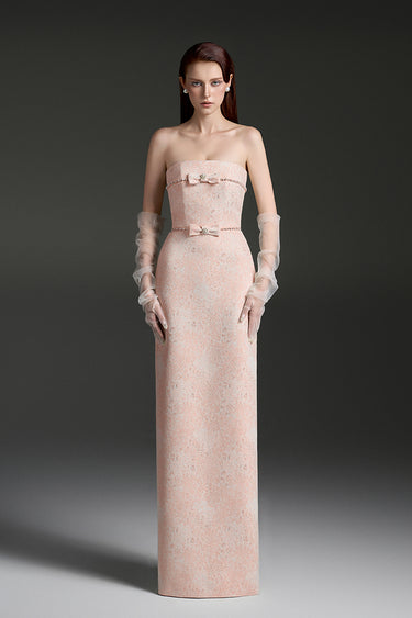 Light Pink Lacquered Brocade Column Dress with Pearl and Crystal Chain Embellishment - IHF STUDIO