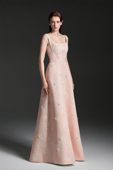 Light Pink Lacquered Brocade Strapless A-line Maxi Dress with Pearl Cluster Embellishment - IHF STUDIO