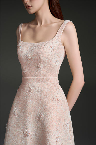 Light Pink Lacquered Brocade Strapless A-line Maxi Dress with Pearl Cluster Embellishment - IHF STUDIO