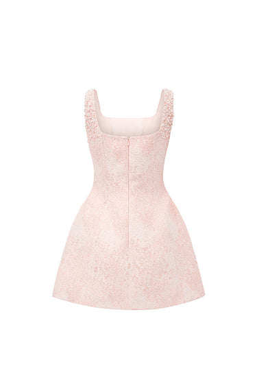 Light Pink Lacquered Brocade Strapless A-line Mini Dress with Pearl-Embellished Shoulder - IHF STUDIO