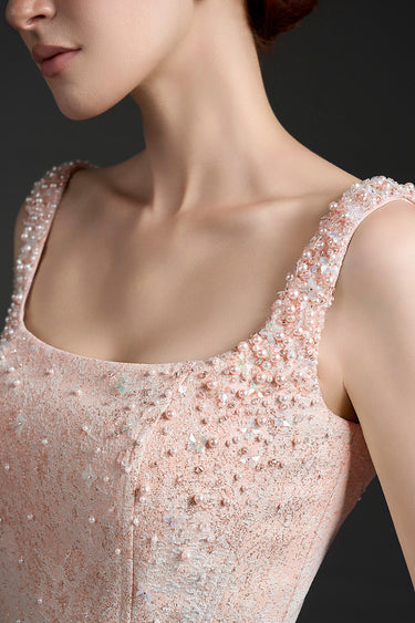 Light Pink Lacquered Brocade Strapless A-line Mini Dress with Pearl-Embellished Shoulder - IHF STUDIO
