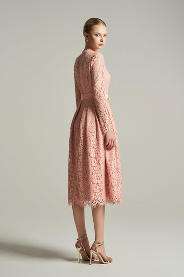 Light pink long-sleeve floral lace A-line dress with a satin bow belt at the waist - IHF STUDIO