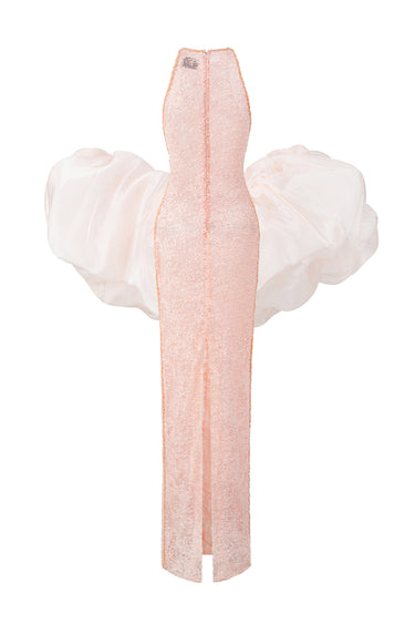 Light Pink Mesh Lace Halter-Tie Maxi Dress with Petite Sequin & Crystal Details - IHF STUDIO