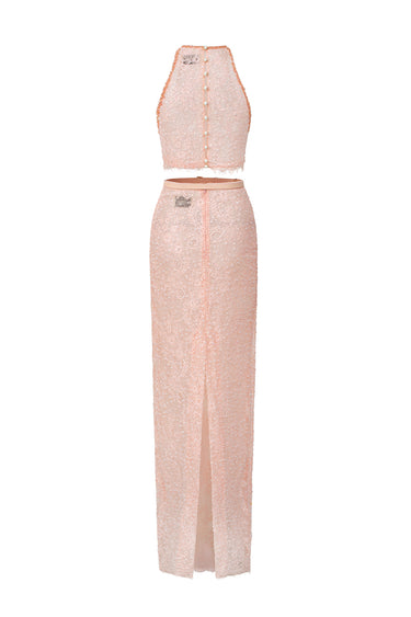 Light-Pink Mesh Lace Halter Top & Light Pink Mesh Lace Column Skirt Set - IHF STUDIO