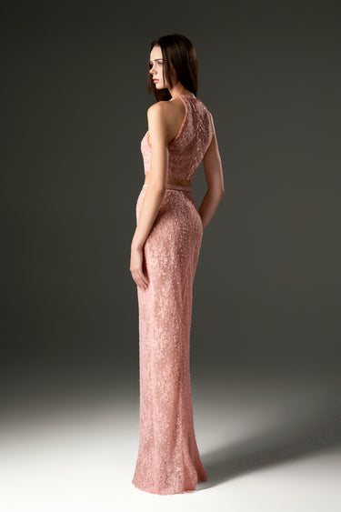 Light-Pink Mesh Lace Halter Top & Light Pink Mesh Lace Column Skirt Set - IHF STUDIO