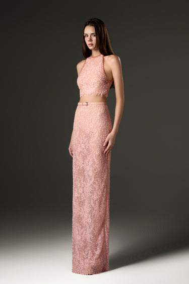 Light-Pink Mesh Lace Halter Top & Light Pink Mesh Lace Column Skirt Set - IHF STUDIO