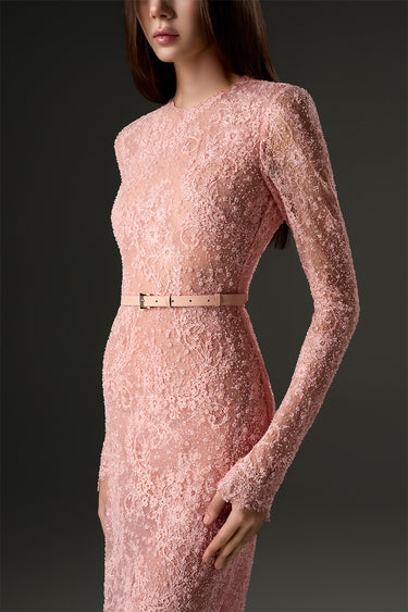 Light Pink Mesh Lace Long-Sleeve Midi Dress With Petite Sequin Embellishment - IHF STUDIO