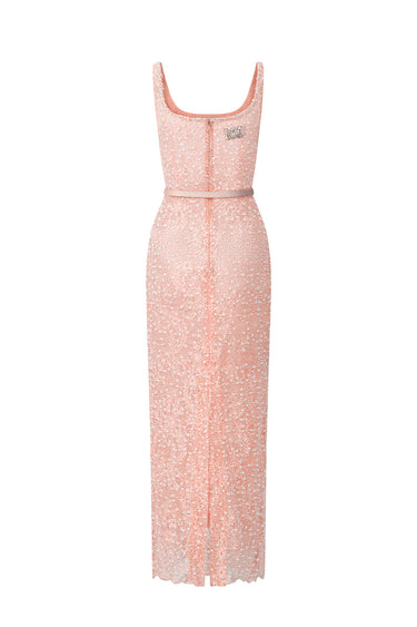 Light Pink Mesh Lace Square-Neck Midi Dress with Petite Sequin & Leather Belt - IHF STUDIO