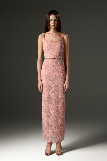 Light Pink Mesh Lace Square-Neck Midi Dress with Petite Sequin & Leather Belt - IHF STUDIO