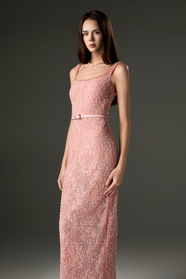 Light Pink Mesh Lace Square-Neck Midi Dress with Petite Sequin & Leather Belt - IHF STUDIO